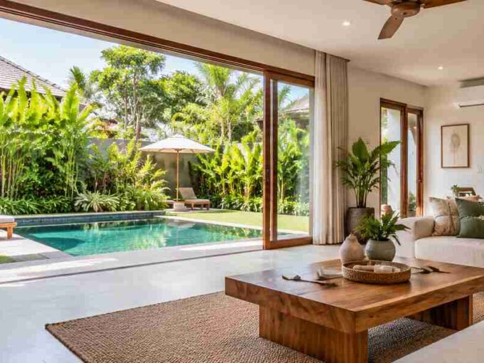 Modern Bali villa with enclosed living room and private pool
